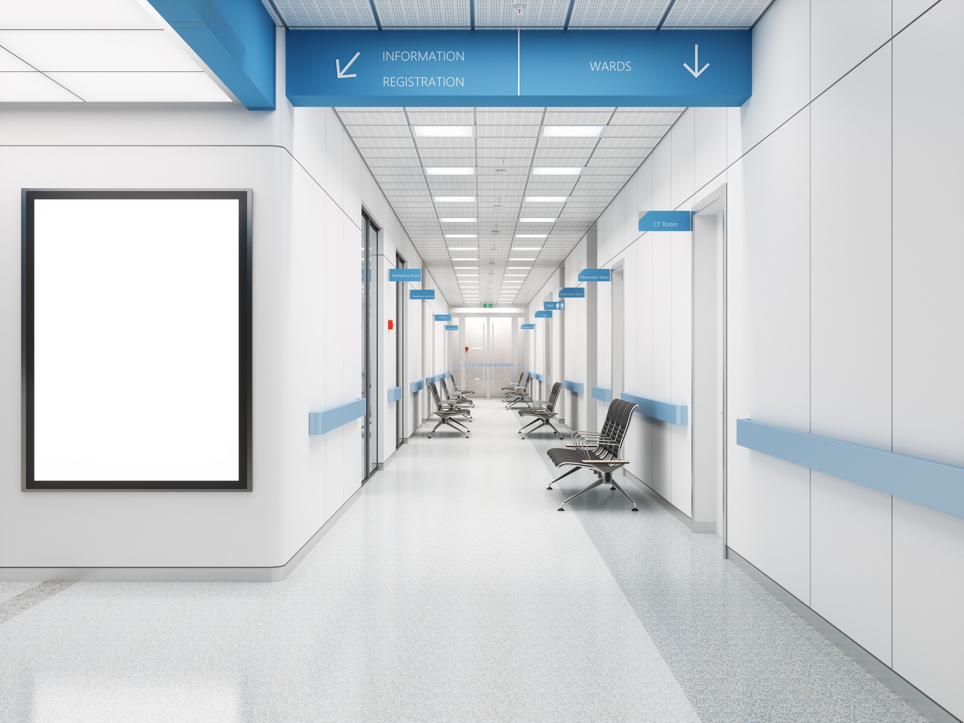 Modern Hospital Corridor With Empty Seats And Blank Billboard
